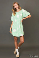 Umgee Stripe and Dot Print Button Down Puff Sleeve Mini Dress OutfitFlow